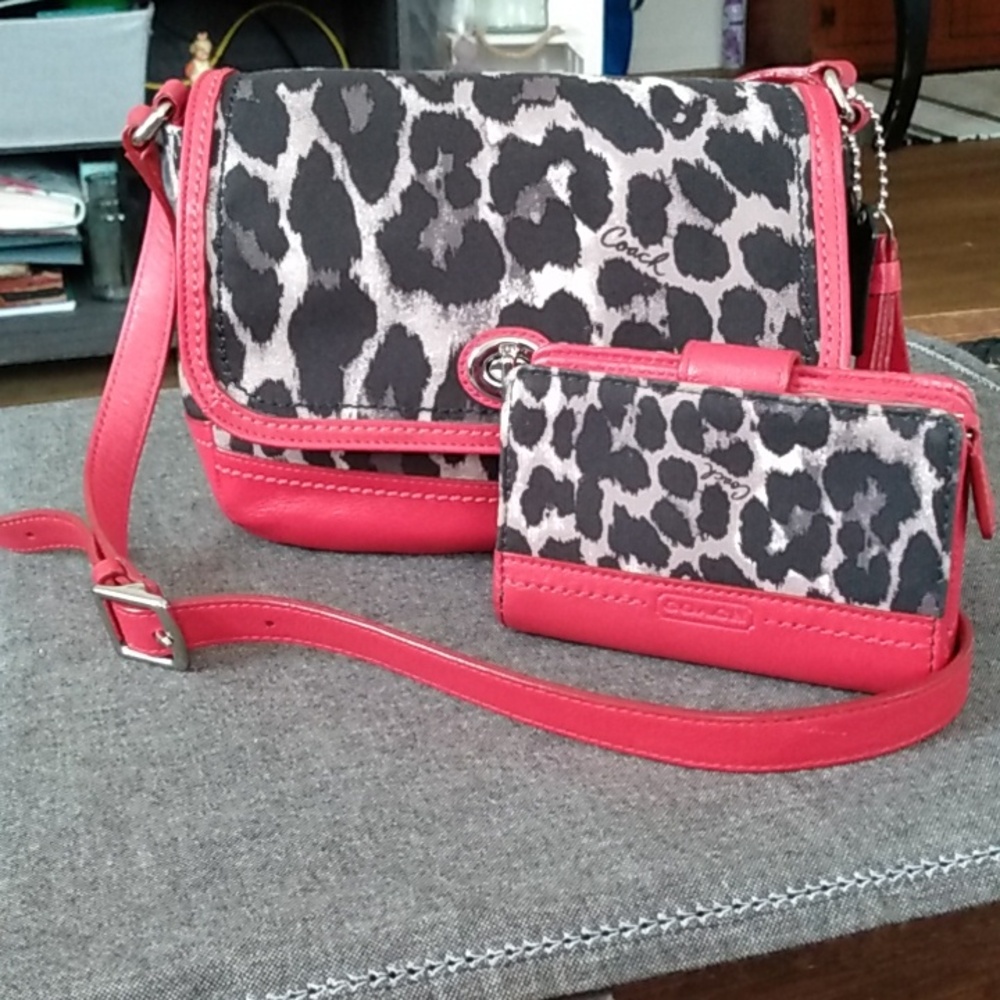 Coach Park Ocelot Crossbody/Trim Slim Bifold Wallet Bundle